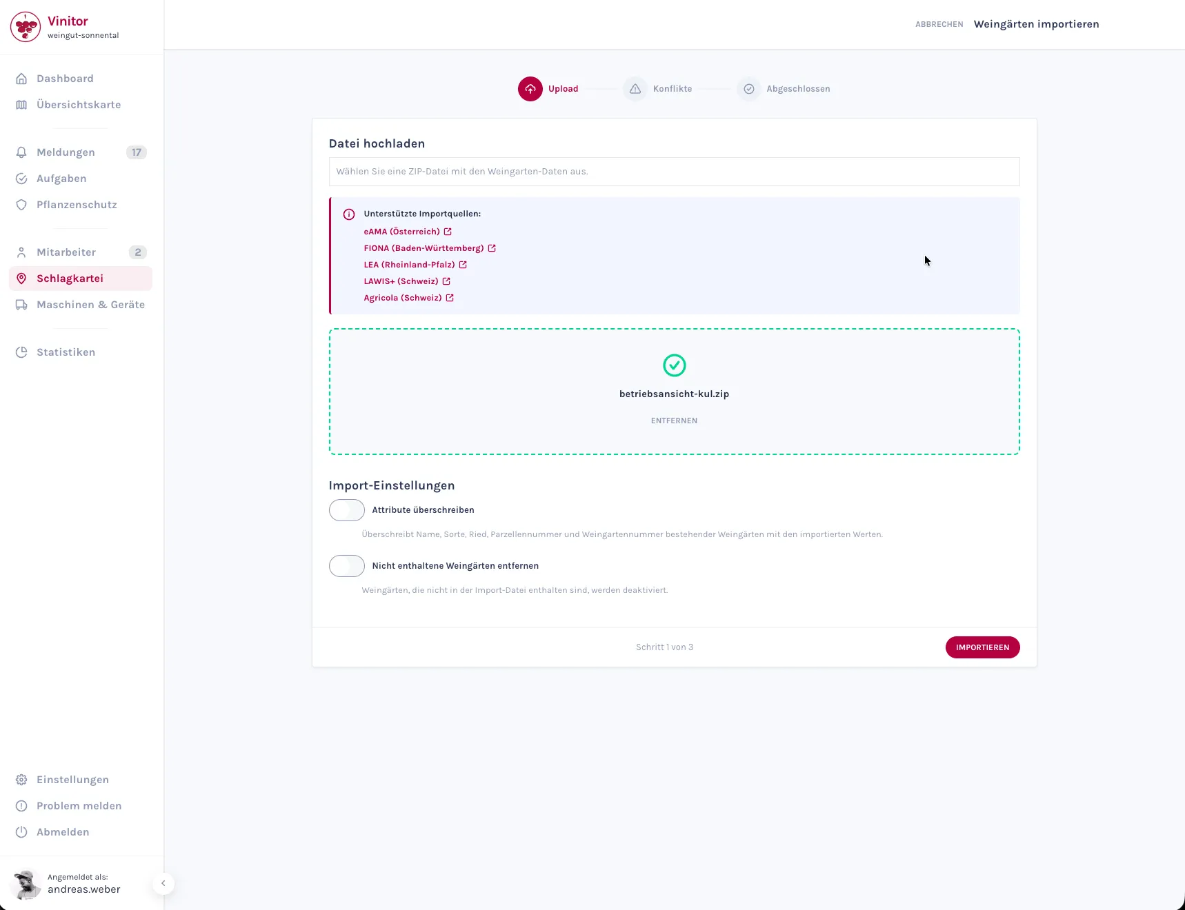Screenshot: Import-Assistent mit LAWIS-Dateien und zusammengeführten Flächen