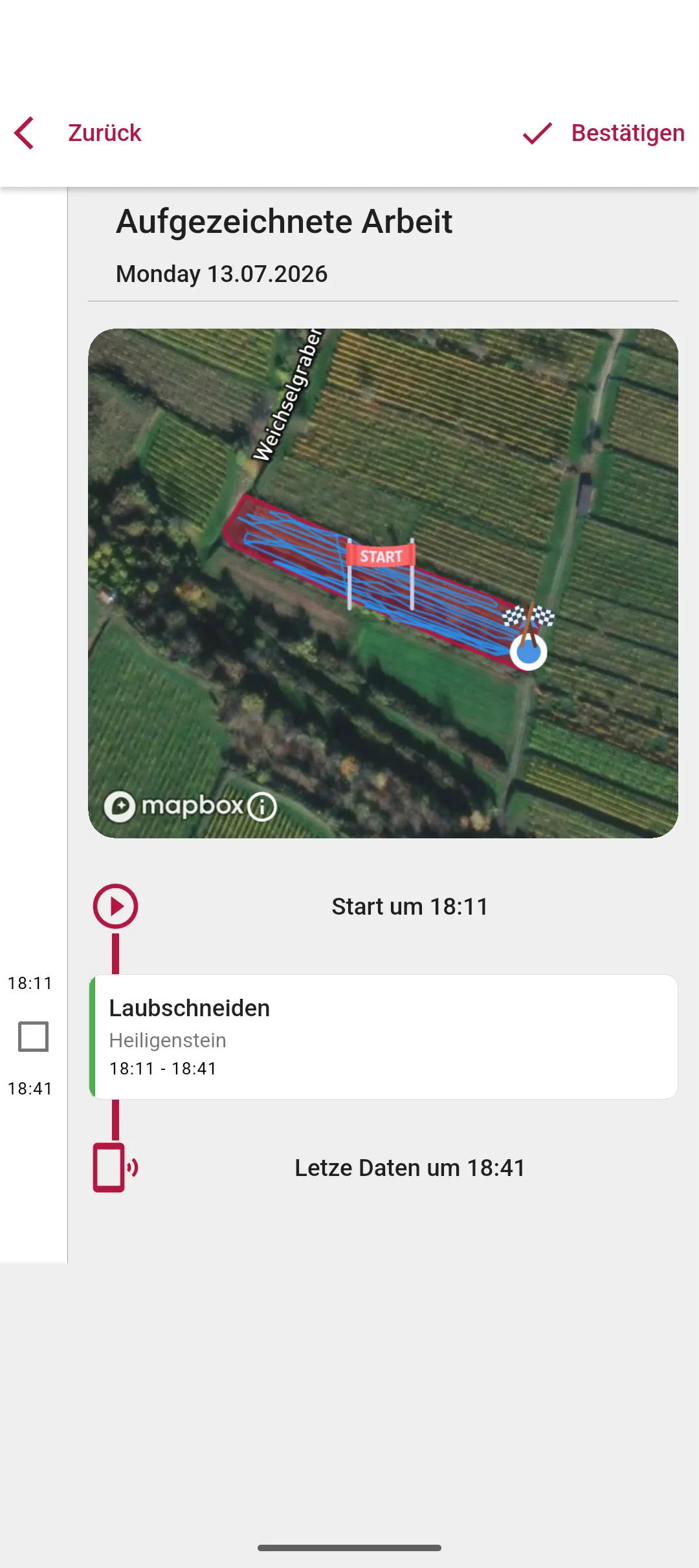 Vinitor Zeiterfassung am Handy — Timeline der erfassten Arbeit mit GPS-Pfad über einem Weingarten und vorgeschlagener Aufgabe „Laubschneiden“.