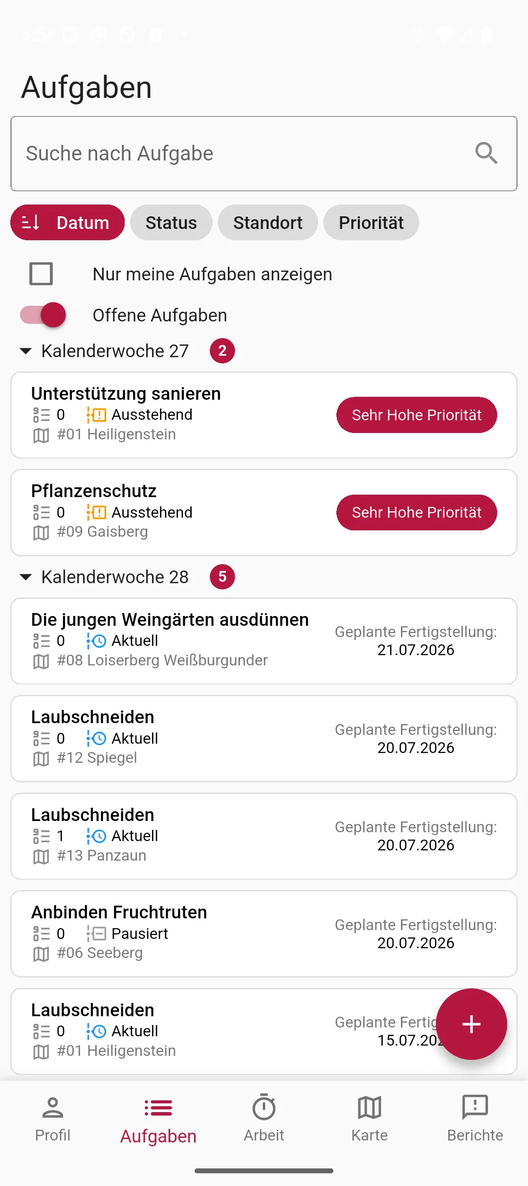 Vinitor App — Aufgabenliste eines Mitarbeiters am Handy