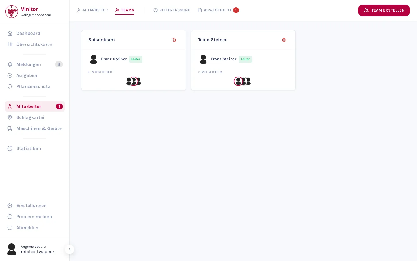 Vinitor Teams — Mitarbeiter in Teams mit optionalem Teamleiter