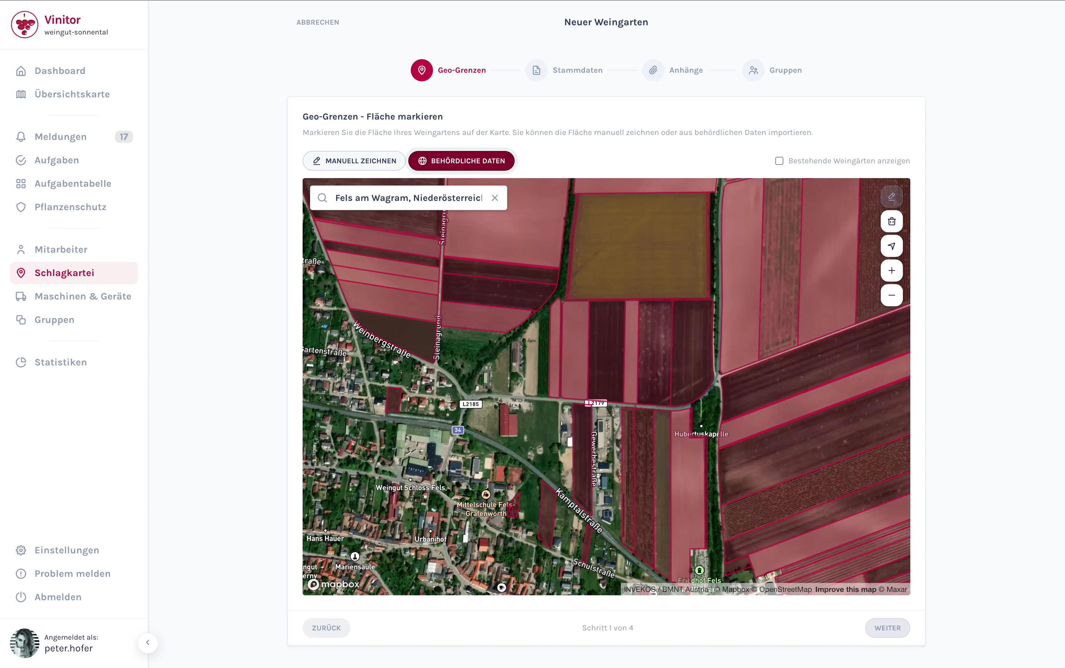 Screenshot: Erstellungsassistent mit Behördliche-Daten-Modus und sichtbaren Parzellen