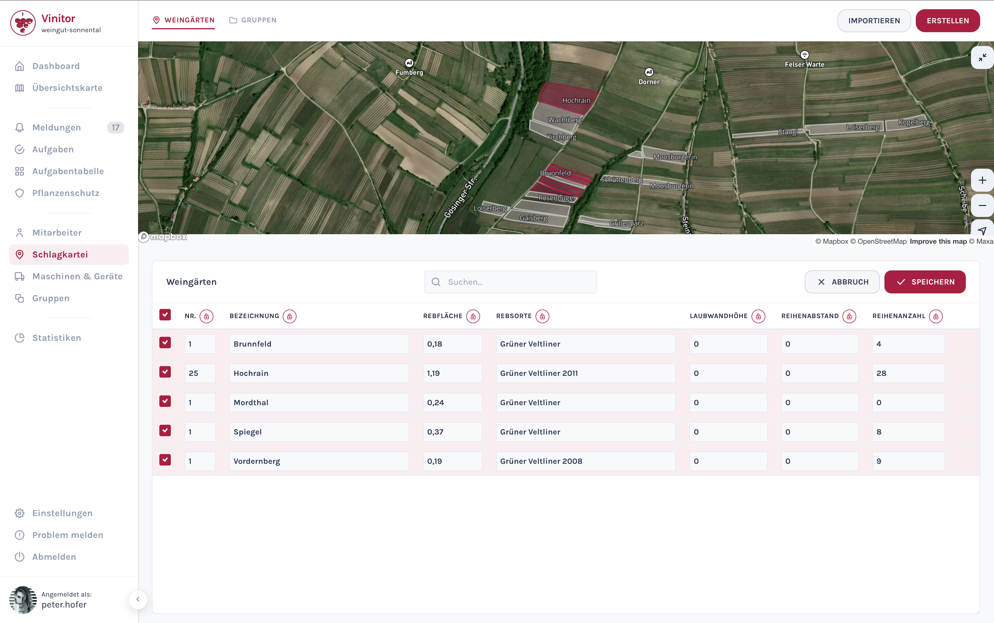 Mehrere Weingärten ausgewählt, rot hervorgehoben auf der Karte