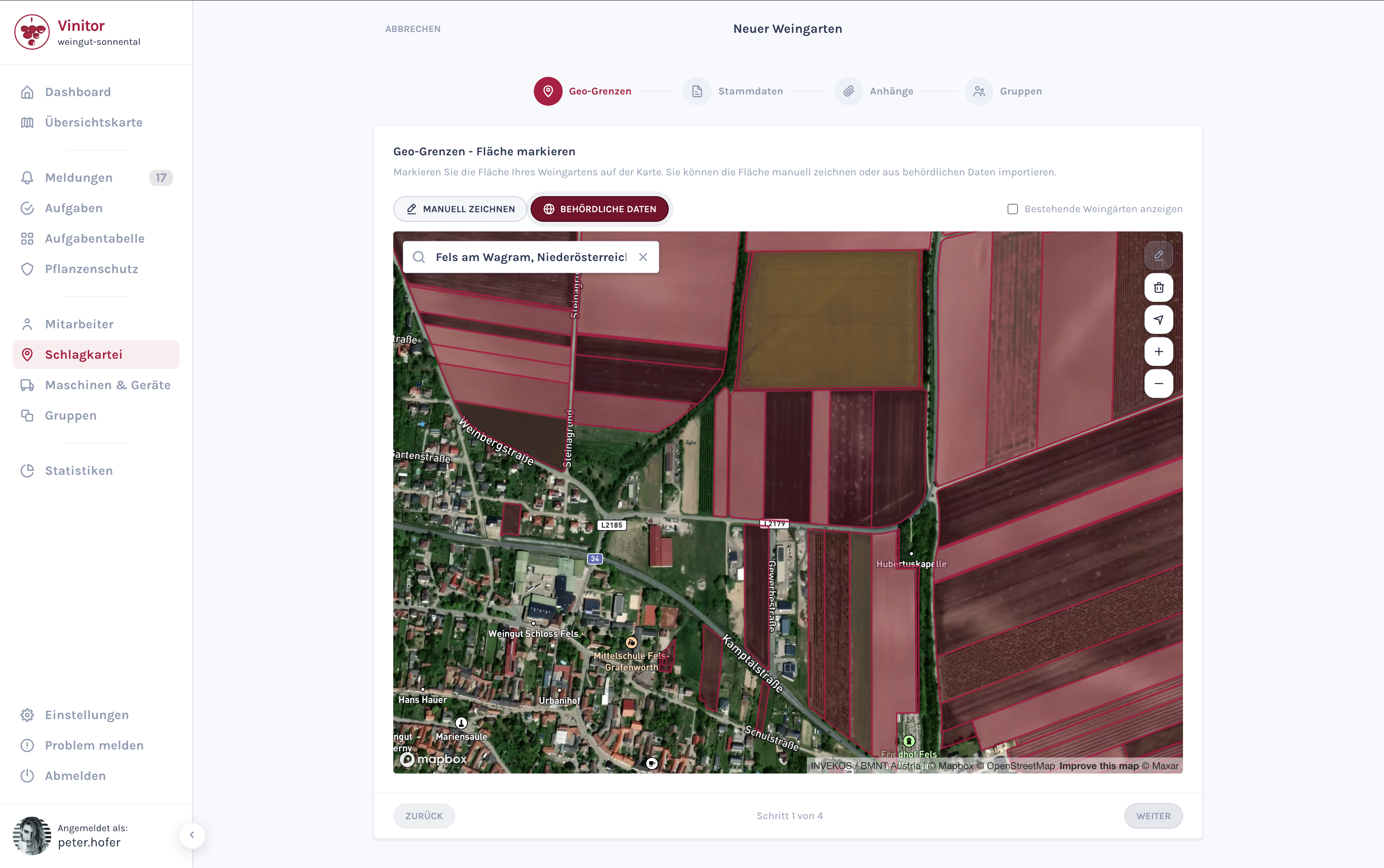 Screenshot: Erstellungsassistent mit Behördliche-Daten-Modus und sichtbaren Parzellen