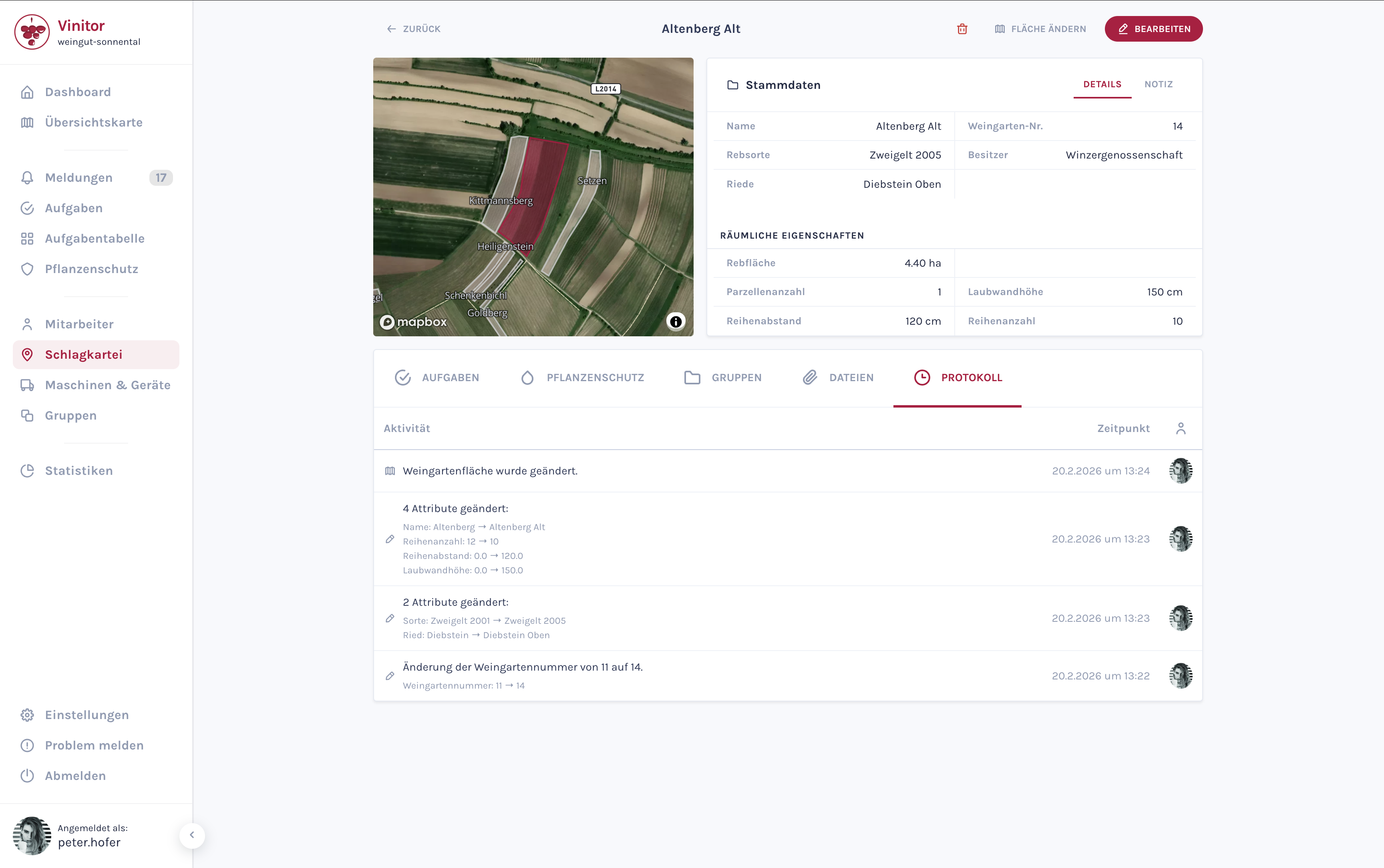 Screenshot: Weingarten-Detailseite mit Stammdaten, Protokoll-Tab und Änderungshistorie