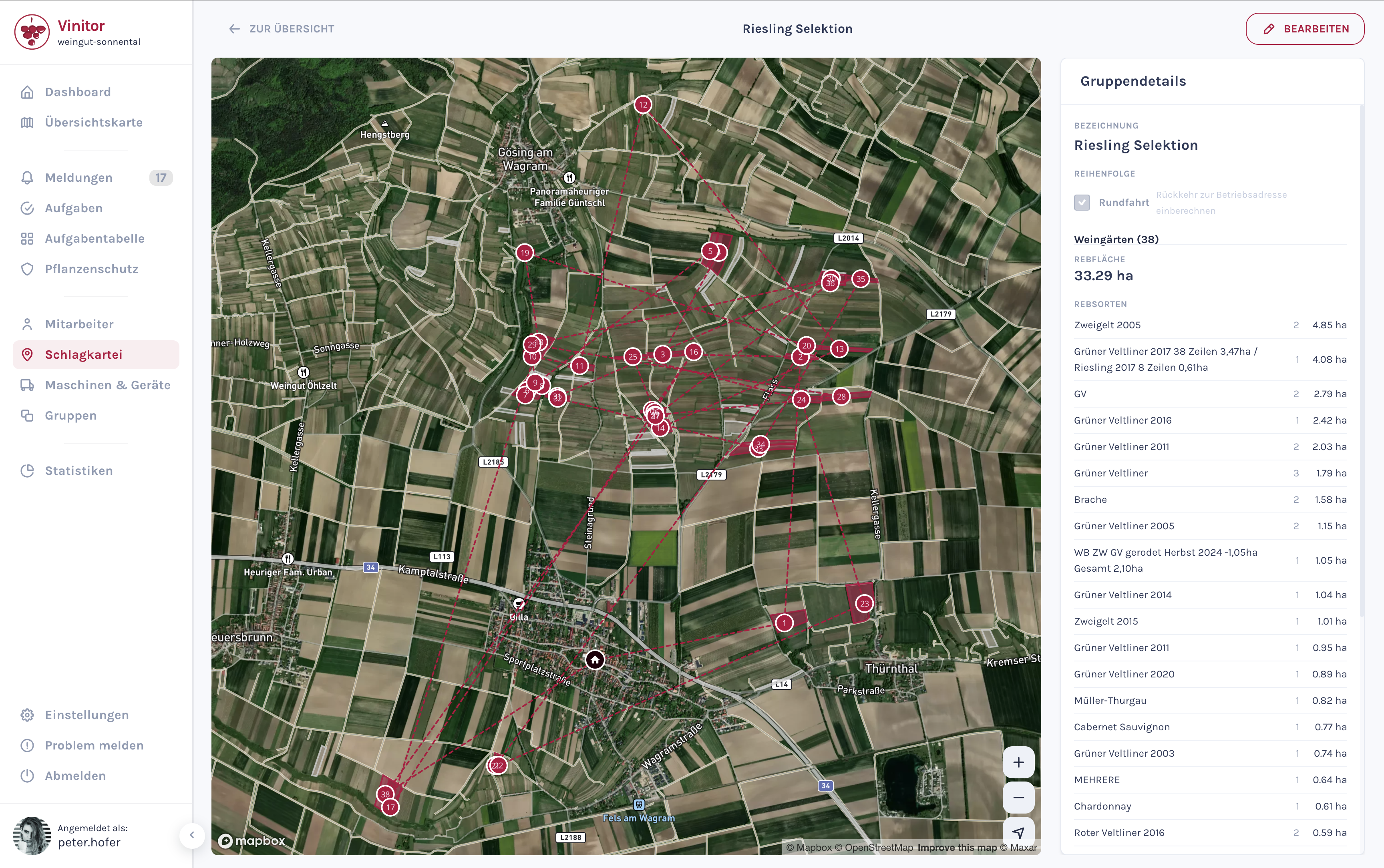 Screenshot: Gruppendetail mit nummerierten Weingärten auf der Karte