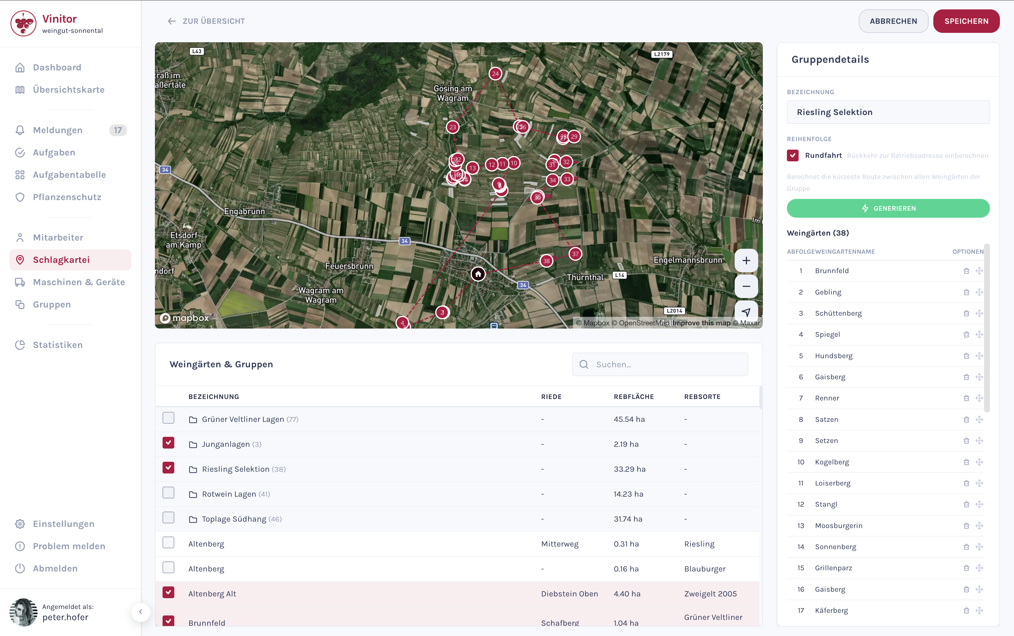 Screenshot: Gruppenbearbeitung mit Rundfahrt-Optimierung und Weingarten-Zuordnung