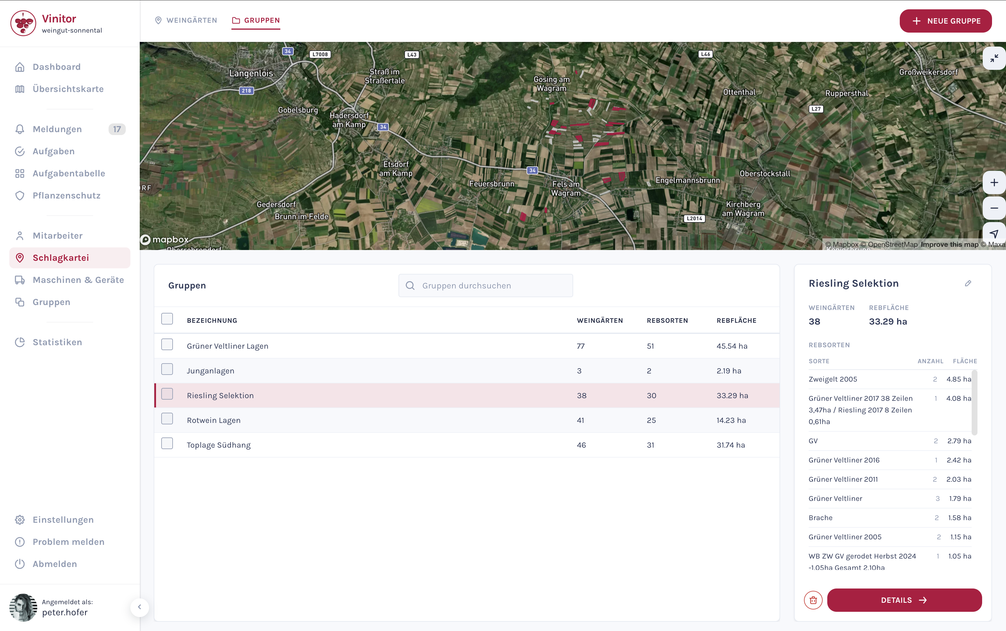 Screenshot: Gruppenübersicht mit Karte, Tabelle und Seitenleiste