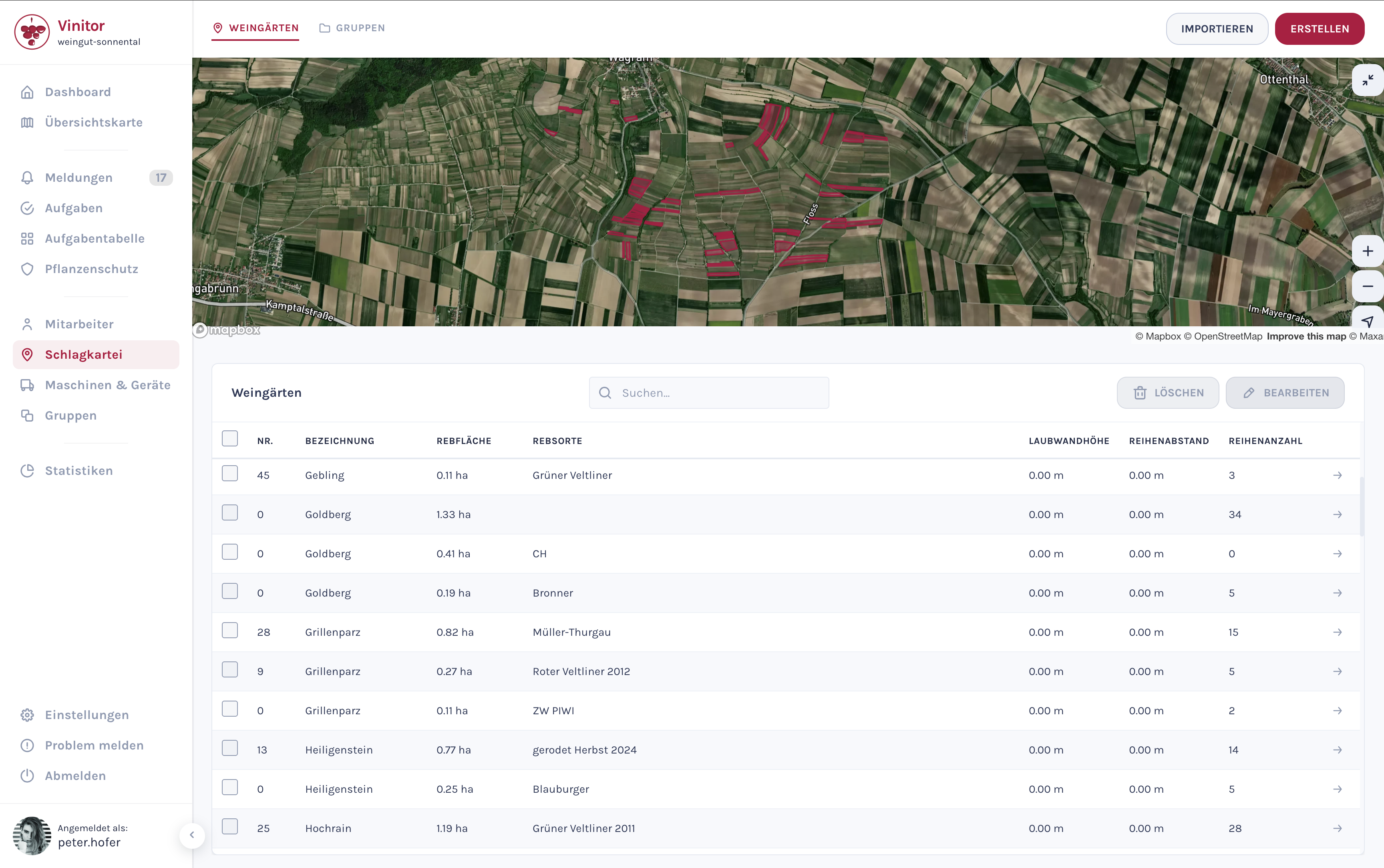 Screenshot: Neue Weingarten-Übersicht mit Karte oben und bearbeitbarer Tabelle unten