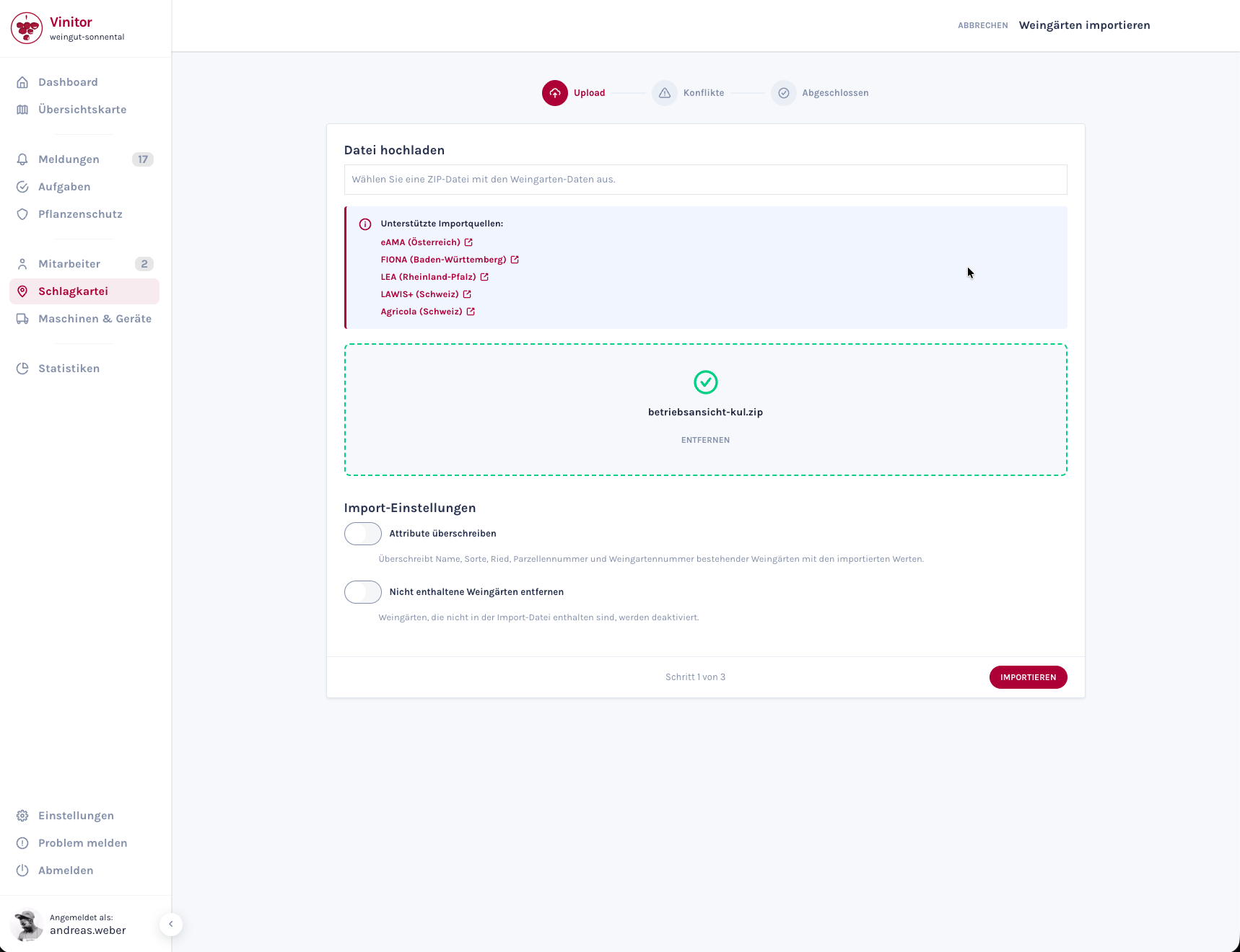 Screenshot: Import-Assistent mit LAWIS-Dateien und zusammengeführten Flächen