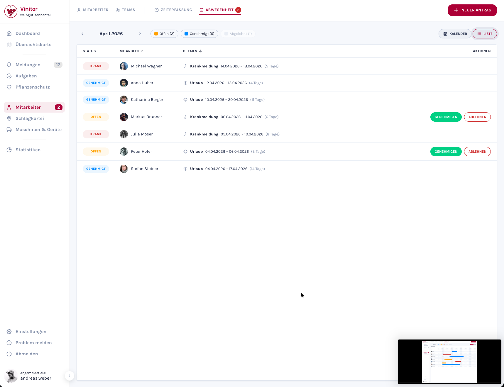 Screenshot: Abwesenheiten in der Listenansicht mit Status-Spalte