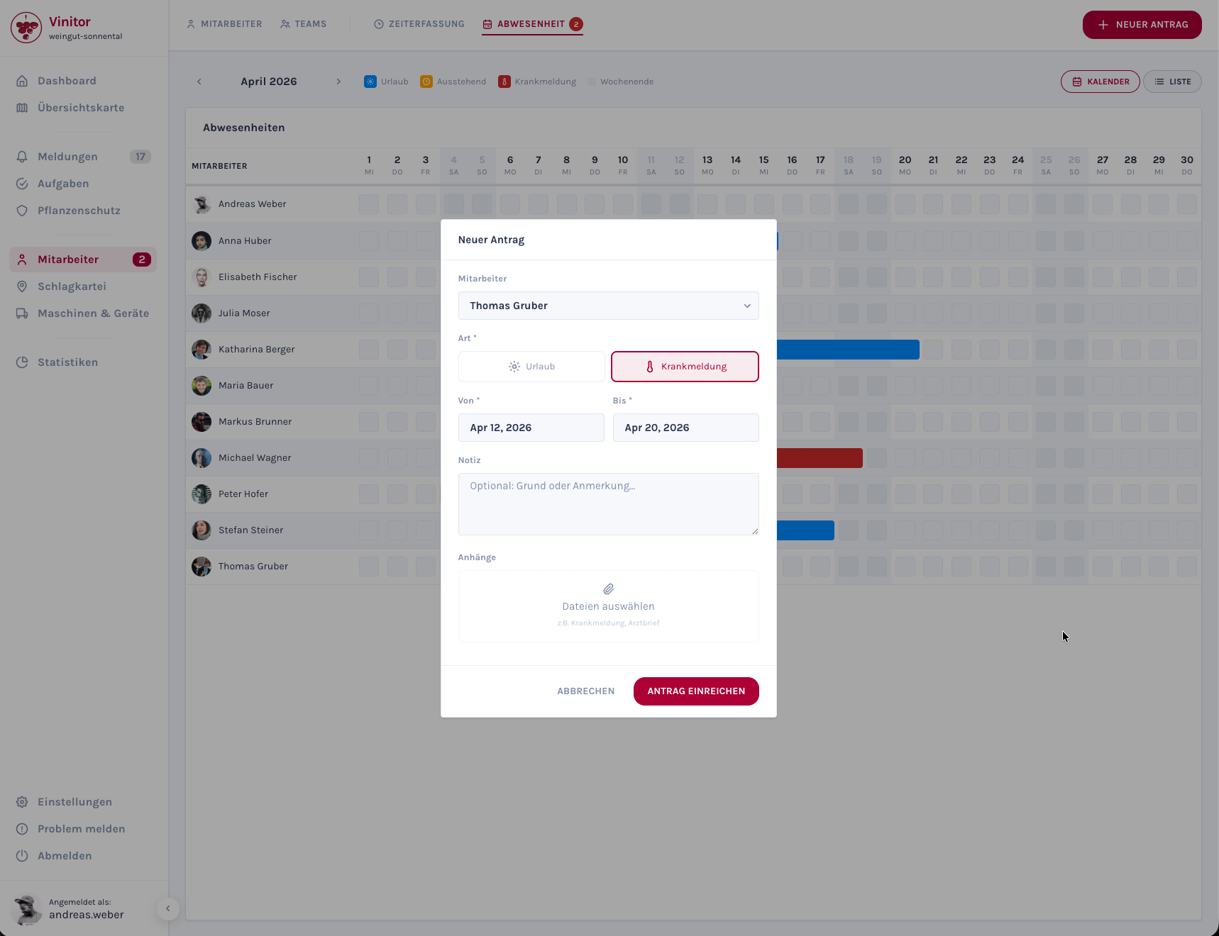 Screenshot: Abwesenheitsantrag-Dialog mit Typ-Auswahl und Anhang