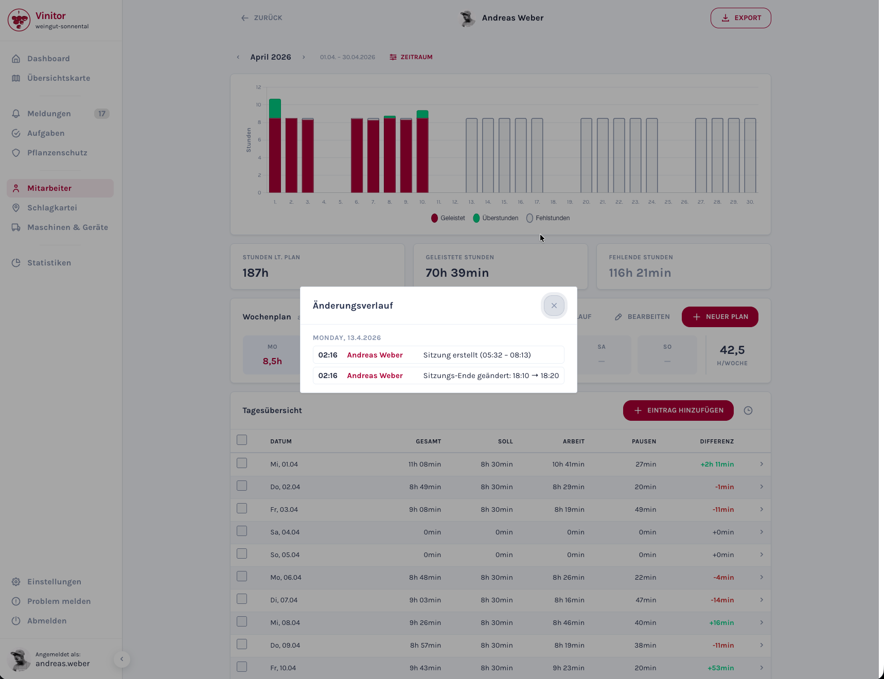 Screenshot: Zeiteintrag-Bearbeitung mit Änderungshistorie