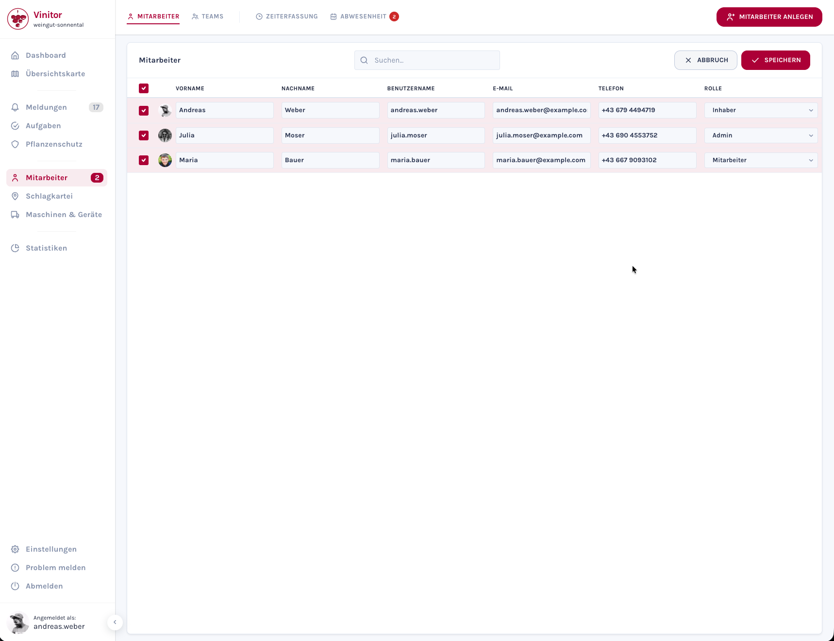 Screenshot: Neue Benutzer-Tabelle mit Rollen-Badges und Checkbox-Selektion