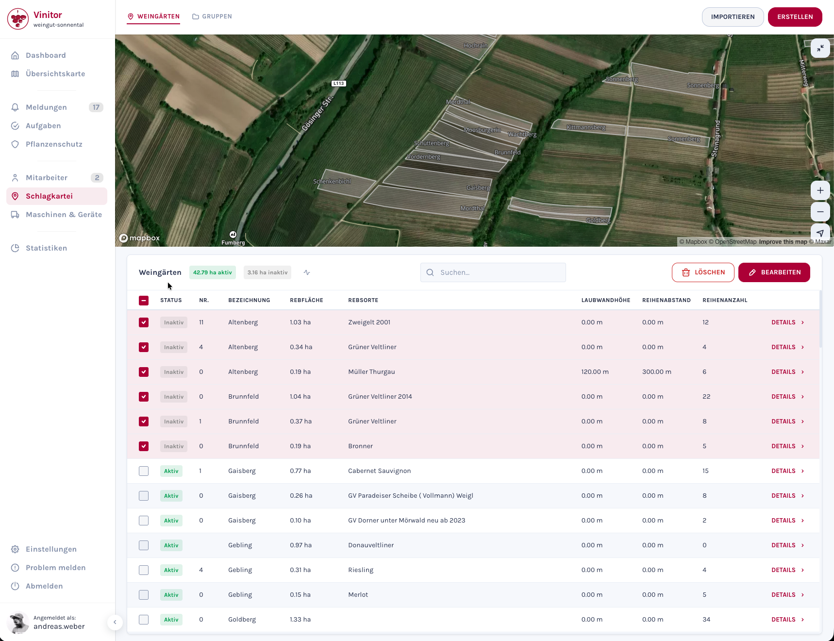 Screenshot: Weingarten-Detailseite mit Aktiv/Inaktiv-Status-Badge